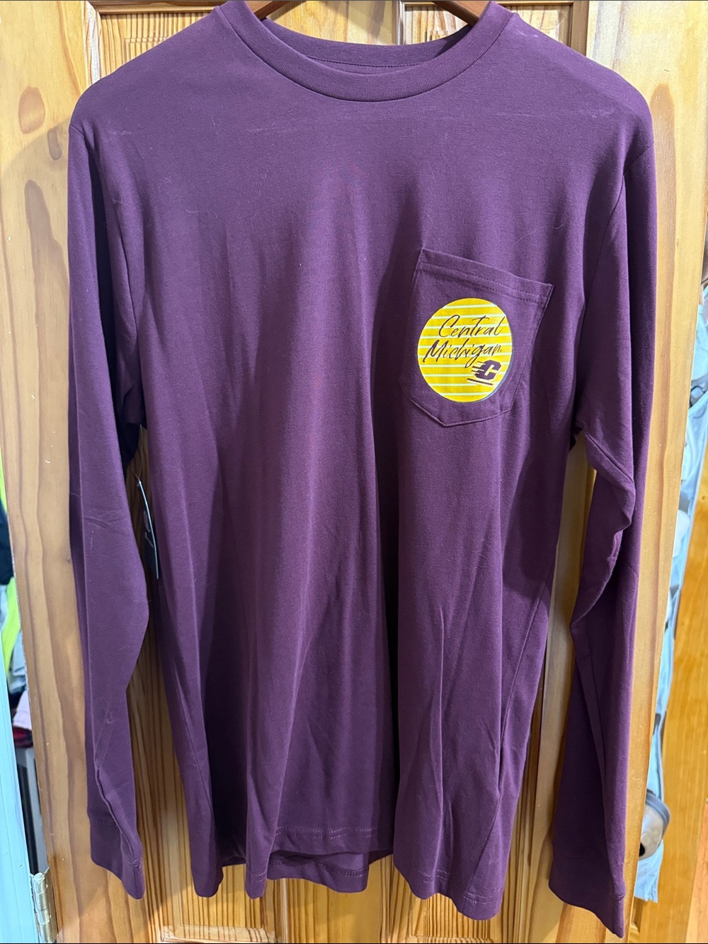 Champion Long Sleeve Pocket Tee in Deep Purple with Yellow Pocket Logo